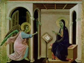 Engel kündigt Maria den Tod unseres Herrn an (Tempera auf Holz)